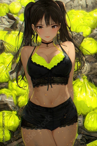 Youthful in Environment: A stylish young woman amidst an abundant pile of vibrant, yellow-green trash bags, blending the fresh energy of youth with a bold statement about environment awareness.