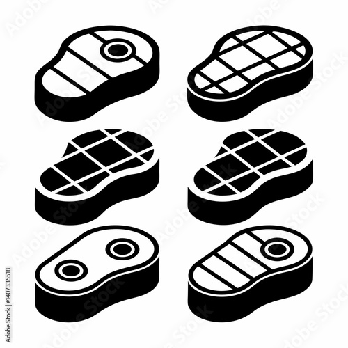 Black and White Steak Vector Icons Set.