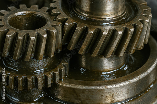 Close-up of oily interlocking metal gears in machinery photo