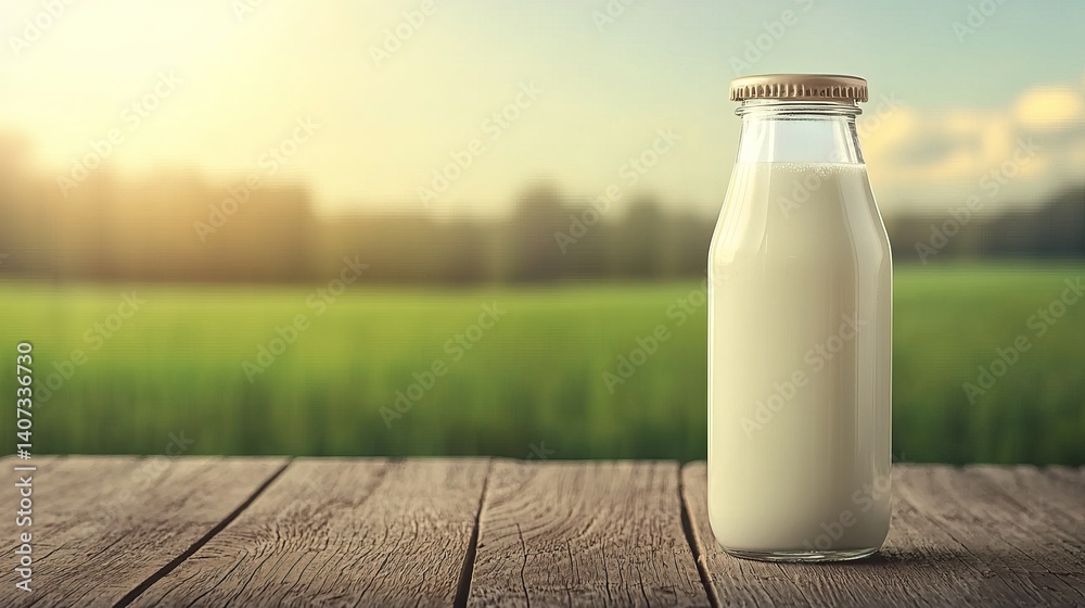 Pasteurized milk pure. A glass bottle of milk sits on a wooden table, with a blurred green field and a bright sky in the background, evoking freshness and simplicity. Pasteurized milk pure. A glass bottle of milk sits on a wooden table, with a blurred green field and a bright sky in the background, evoking freshness and simplicity.