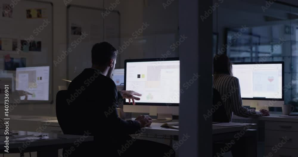Office, computer and business people at night working online for web design, research and digital marketing. Dark workplace, monitor and workers on pc screen for creative agency, website and internet