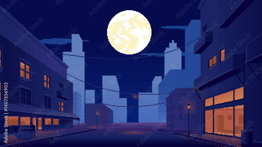 Animated pixel art night cityscape with road on street and moon in sky. Seamless loop animation of 8-bit video game background.