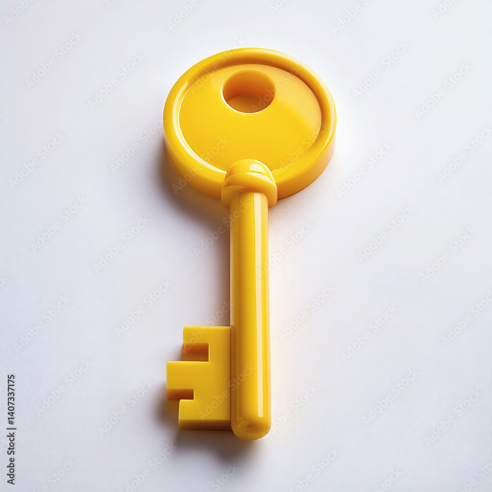 3D yellow old key plastic style toy on White Background. Cartoon plastic style icon 3D yellow old key plastic style toy on White Background. Cartoon plastic style icon