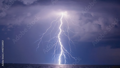 A dramatic storm over the ocean at night, with powerful lightning strikes illuminating the dark sky above.