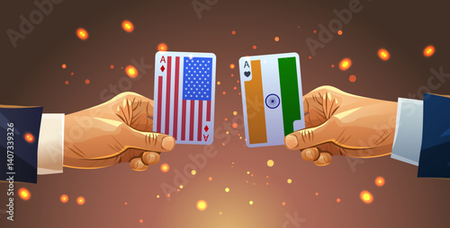 Trade war USA India concept cards exchange illustration depicting hands holding playing cards with USA and India flags against a dark background with glowing sparks