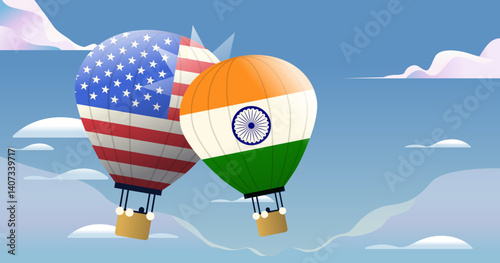 Hot air balloons USA India trade war concept with two balloons featuring national flags colliding in a blue sky with clouds