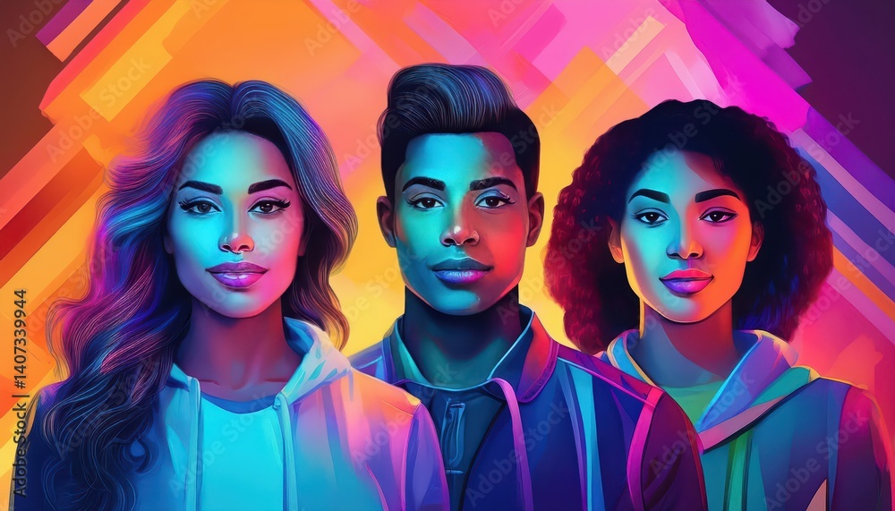Vibrant Mosaic of Diverse Individuals Against a Neon Backdrop, Celebrating Unity and Individuality in a Vibrant Urban Setting Vibrant Mosaic of Diverse Individuals Against a Neon Backdrop, Celebrating Unity and Individuality in a Vibrant Urban Setting
