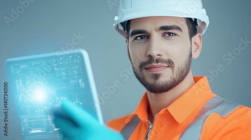 Engineer with Digital Blueprint:  A confident construction engineer with a determined gaze, wearing safety gear.