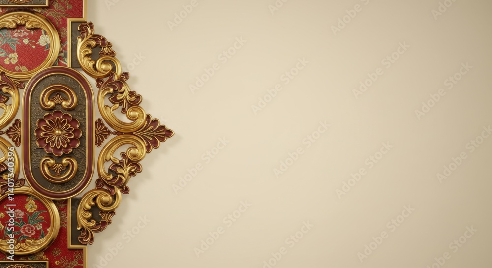 Fototapeta premium Elegant Gold and Red Ornate Wall Decor Panel Design Intricate Floral Motifs and Gilded Accents