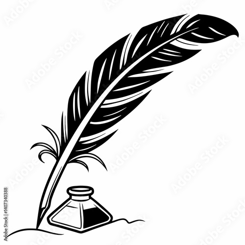 Black vector illustration of an antique quill pen and inkwell symbolizes old writing