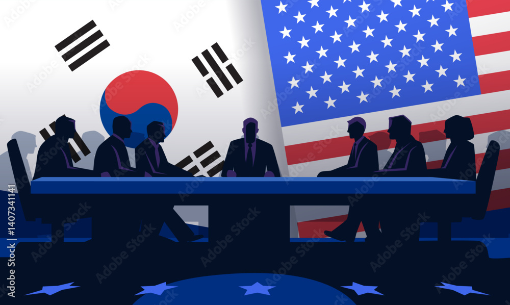 Trade war South Korea USA negotiation meeting silhouettes against flags dark tones