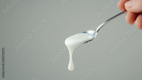 Wallpaper Mural Pasteurized milk pure. A close-up of a hand holding a spoon with dripping cream, set against a minimalistic grey background. Torontodigital.ca