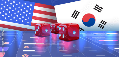 Trade war between USA South Korea dice concept digital interface flags red dice on futuristic blue background economic conflict strategy business theme
