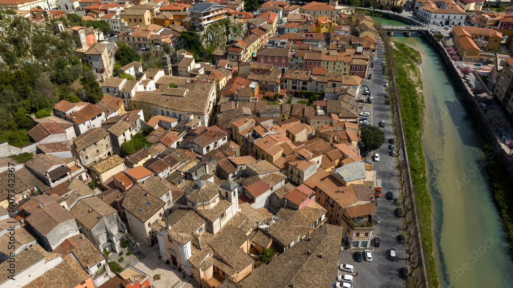 Aerial view of Sora. It is a town Lazio, Italy, in the province of Frosinone. It is built in a plain on the banks of the Liri river.