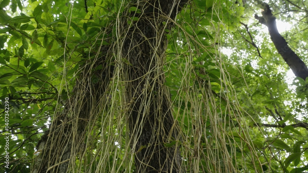 Fototapeta premium Vibrant epiphytes growing on tree trunks and moss-covered rocks in a lush tropical forest.