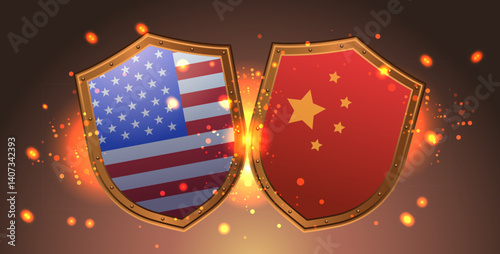 USA China trade war shields clash depicting conflict sparks glowing effects dark background