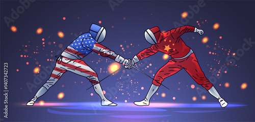US China trade war fencing duel concept two fencers in national flag suits sparring dynamic action sparks dark background digital art