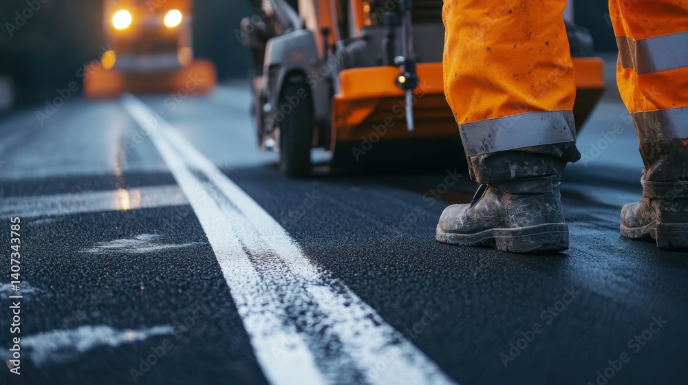 Road marking specialist painting reflective lane lines on a highway. Featuring accuracy and efficiency Road marking specialist painting reflective lane lines on a highway. Featuring accuracy and efficiency