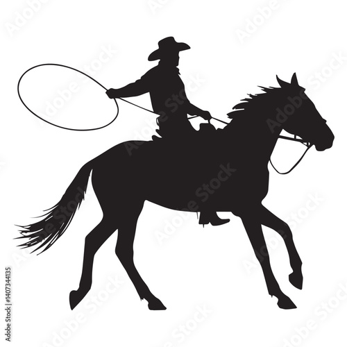 Cowboy silhouette with rope lasso on horse White Background.