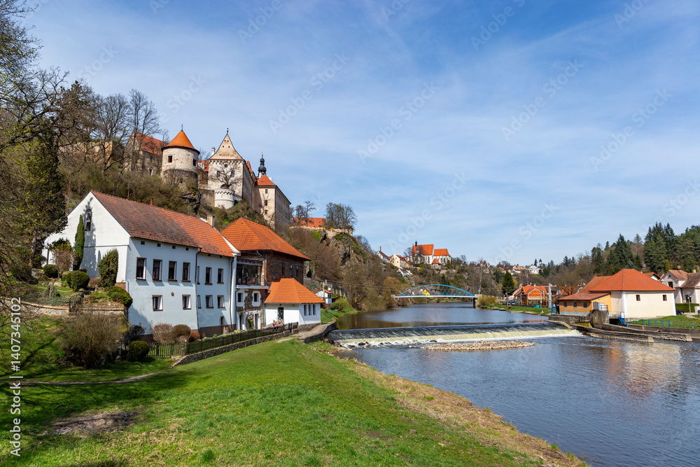 Bechyne Castle on the banks of the Luznice River in South Bohemia. Warm spring day.