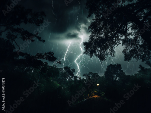 Sheets of rain fall with wind gusting strongly trees sway rhythmically and lightning flashes