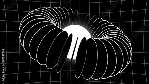 3d abstract toroidal animation rotating elliptical shapes around glowing core on grid background video