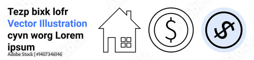 House next to dollar coin and dollar sign conveying finances, real estate, buying, investment, economic planning, savings, homeownership. Ideal for finance app, real estate website simple landing