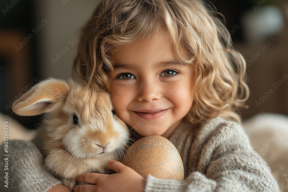 Happy toddler girl with fluffy bunny and easter egg, soft warm colors, springtime joy Happy toddler girl with fluffy bunny and easter egg, soft warm colors, springtime joy