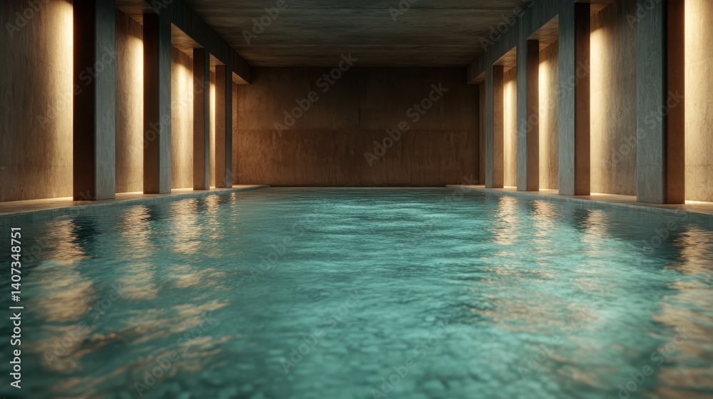 Fototapeta premium This modern indoor pool exhibits tranquil water reflections under subtle lighting, creating an atmosphere of peace and relaxation suitable for luxurious settings.