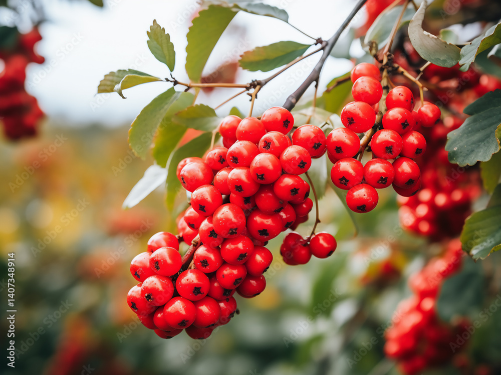 Red berries ripening in autumn as birds feed actively, a sign of nature�s abundance Red berries ripening in autumn as birds feed actively, a sign of nature�s abundance