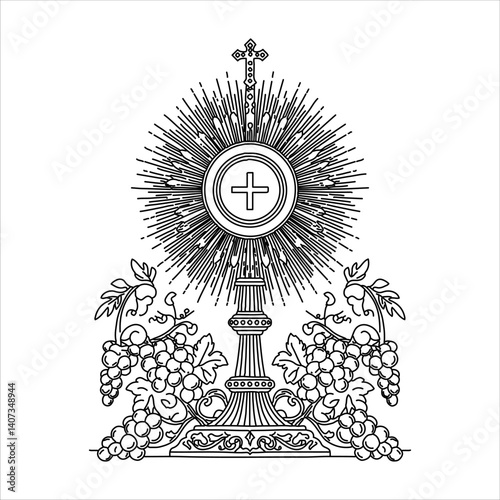Corpus Christi line art with host, cross and grapes in black and white