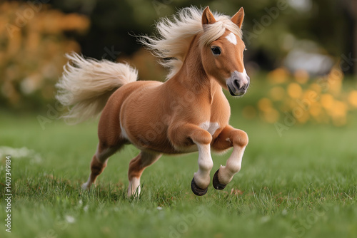 Palomino miniature horselet galloping in green pasture with golden hour light