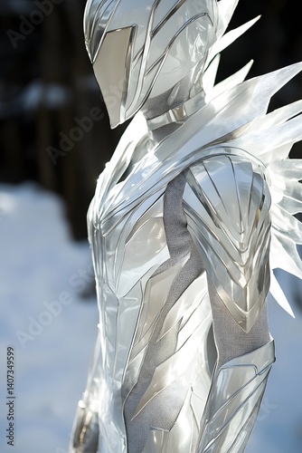 Silver Luminescence: A futuristic figure, encased in gleaming silver armor, stands gracefully amidst a serene, snowy landscape. Its design embodies technological advancement and elegant style.