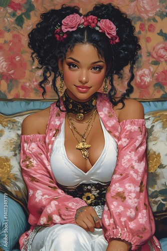Beautiful Woman Portrait: A captivating portrait of a woman with dark curly hair adorned with pink roses, wearing a stylish pink jacket and intricate jewelry, exudes confidence and beauty.  