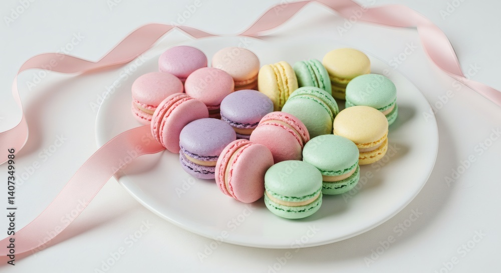 Fototapeta premium Pastel macarons arranged in heart shape on white plate with ribbon.