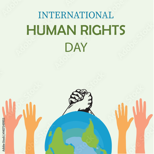 Hand Drawn International Human Rights Day with World Map and Hands Icons Isolated on Light Blue Background. EPS Editable File. Vector Illustration.