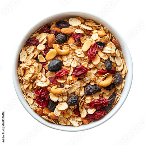 A healthy bowl of muesli with nuts and dried fruits on a clean transparent background ready for breakfast or snack time, muesli in bowl on transparent background