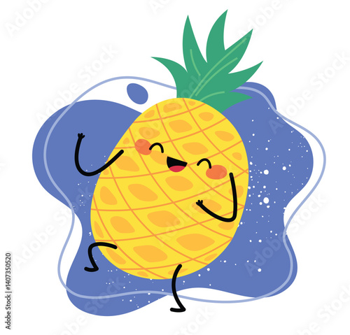 Cute cartoon pineapple with a happy face, green leaves, and arms raised on a blue splash background, perfect for fun summer designs.