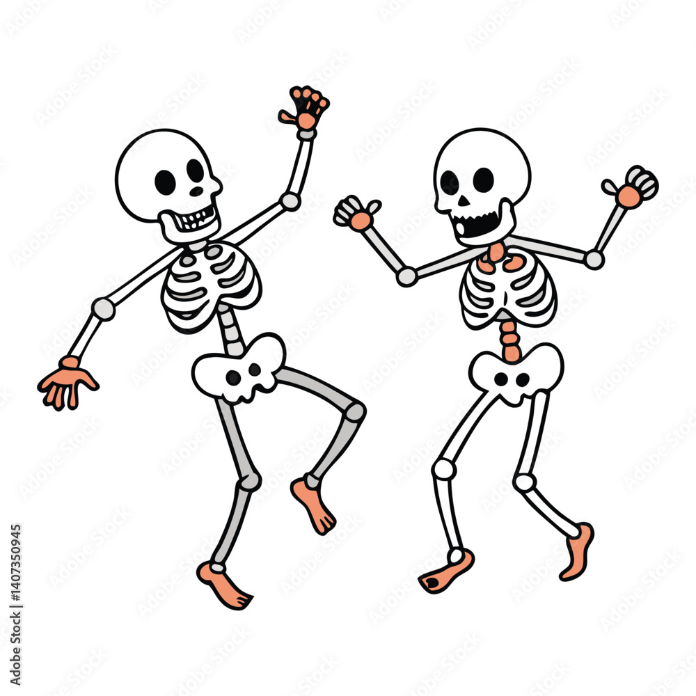 Fototapeta premium A group of cheerful skeletons dancing joyfully in their bony frames, with festive Halloween spirit, surrounded by spooky decorations and a full moon backdrop.