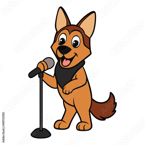 A playful German Shepherd puppy, energetically performing into a microphone with a joyful expression, exuding charm and enthusiasm, capturing a fun and lively moment.