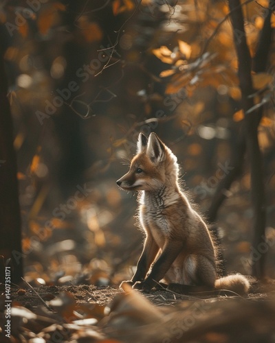 Cute red fox cub sitting in autumn forest, golden sunlight shining through trees, shallow depth of field, wildlife scene, warm tones, natural habitat