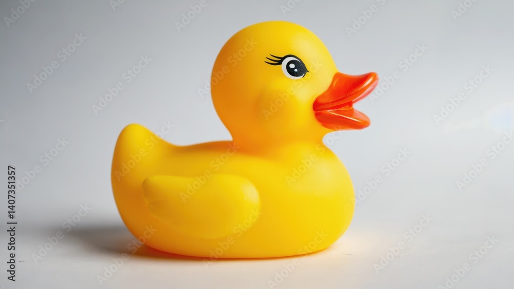 A yellow rubber duck is sitting on a white surface. The duck has a big smile on its face and is looking at the camera A yellow rubber duck is sitting on a white surface. The duck has a big smile on its face and is looking at the camera