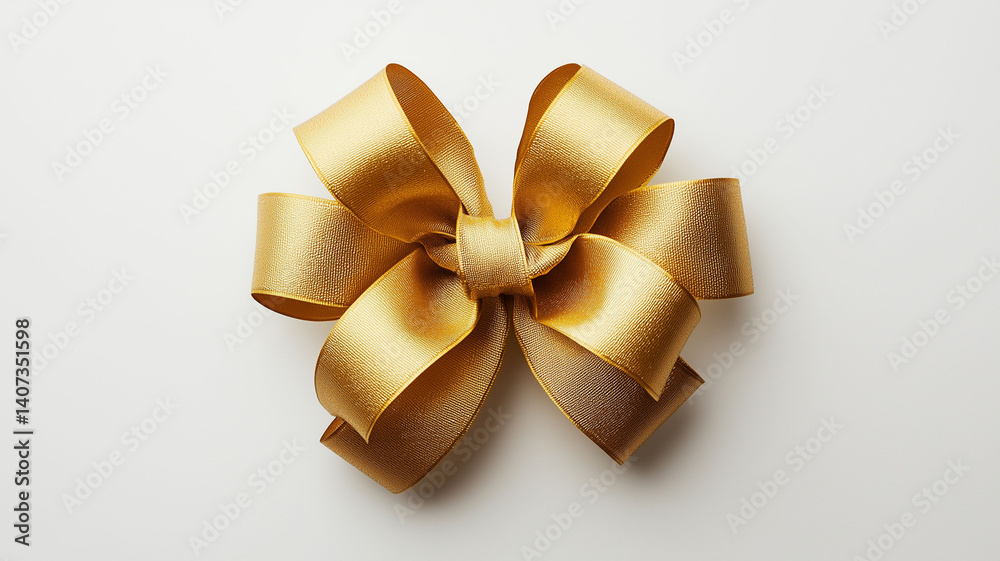 Elegant Shiny Golden Gift Bow with Textured Ribbon Loops on White Background High Quality Stock Photography (3)