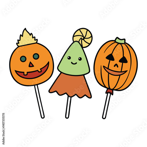 Colorful Halloween treats for children, featuring candy, lollipops, chocolates, and spooky goodies in fun shapes like pumpkins, ghosts, and bats—perfect for festive designs.