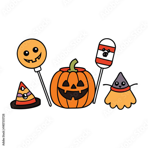 Colorful Halloween treats for children, featuring candy, lollipops, chocolates, and spooky goodies in fun shapes like pumpkins, ghosts, and bats—perfect for festive designs.