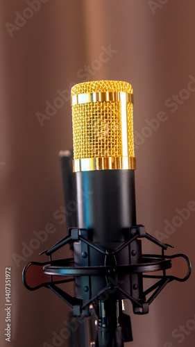 Condenser microphone with a golden metal mesh on a fabric background. Close up of a condenser microphone
