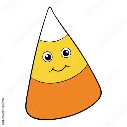 A single candy corn with traditional Halloween colors—bright yellow base, orange center, and white tip—iconic, festive, and perfect for spooky season treats!