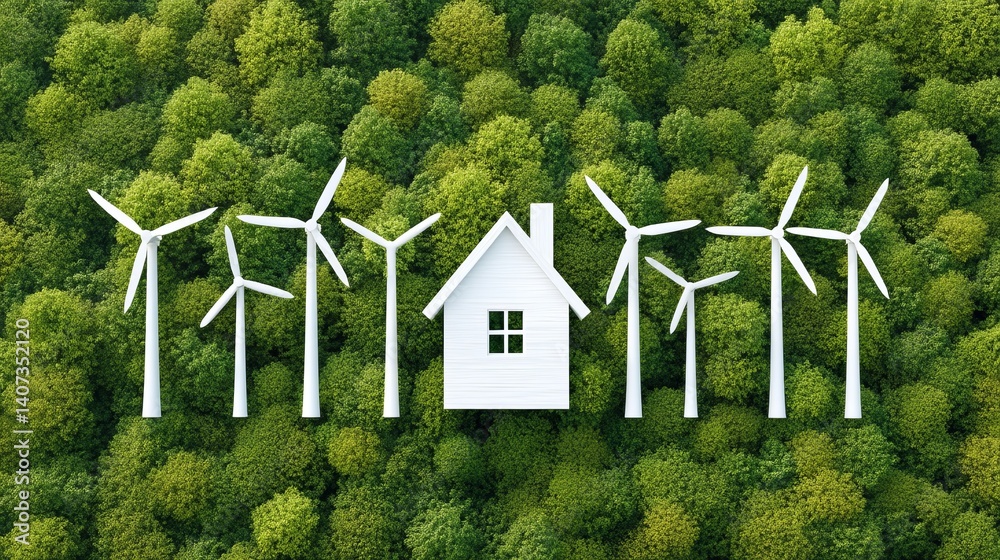 White House in Green Forest with Silhouettes of Wind Turbines Showcasing Renewable Energy