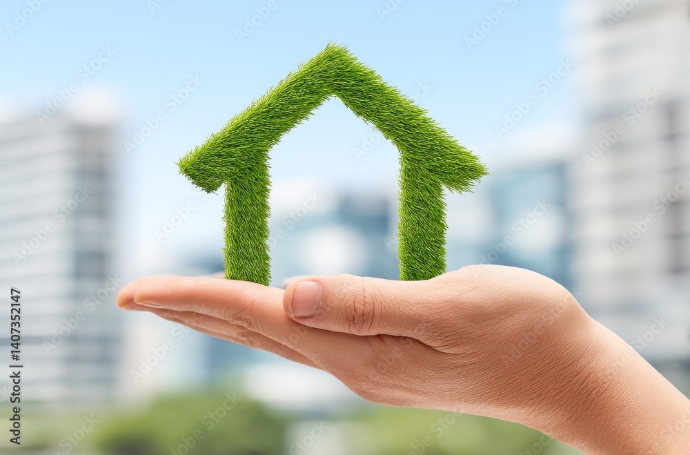 Eco-Friendly Building Symbol Held in Hand with Urban Background for Sustainable Living Concept