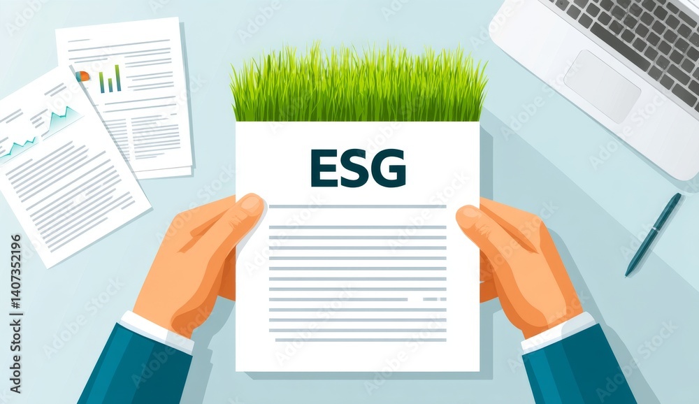 Person Holding ESG Document with Grass in Their Hands on Desk with Papers and Laptop Nearby